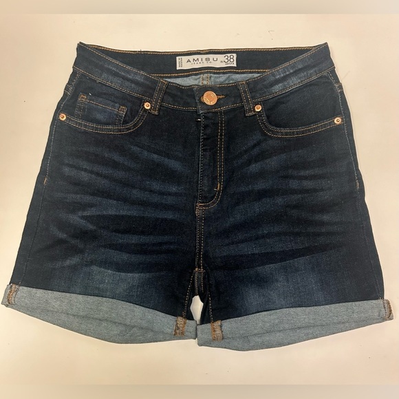 Amisu Women's Denim Dark Shorts, Size 38 (EU) US Size 8 Cuffed Hem NWOT - Picture 1 of 11